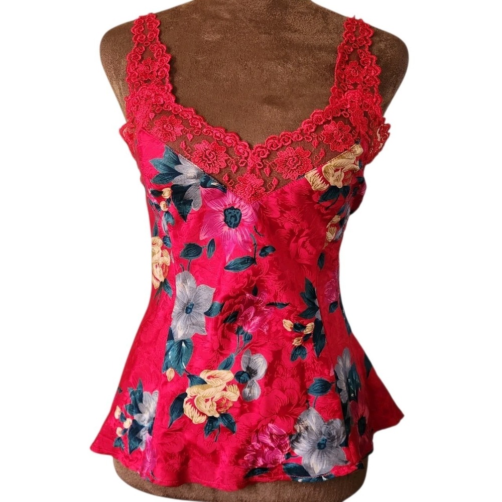 Y2K‎ Silkscreen 100% Silk Floral Lace Cami Top Red Lingerie Feminine Size M